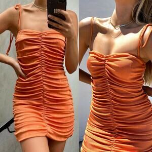 WITH JEAN Diana Ruched Mini Dress in Orange Size M